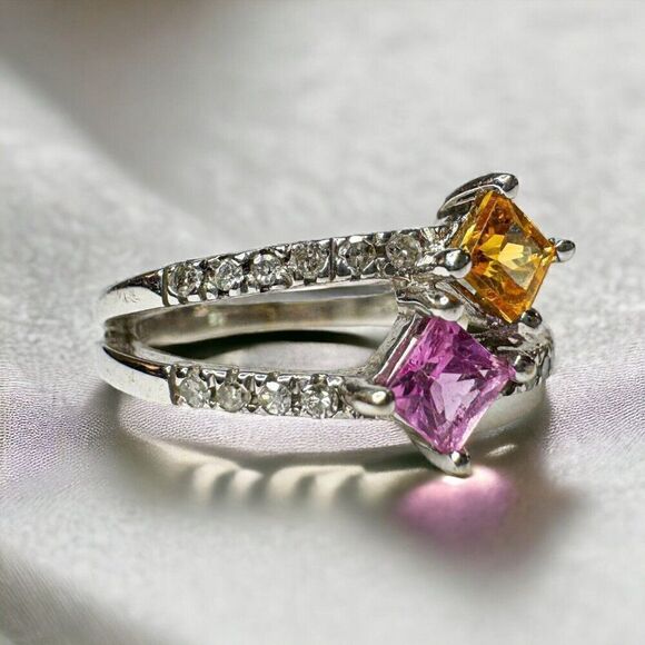 14k White Gold Natural Pink & Orange Sapphire Diamond Ring -Size 5 -3g - Picture 10 of 16